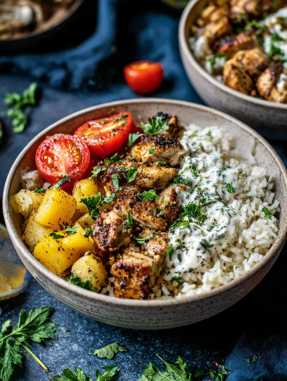 A bowl of rice with chicken and feta sauce.