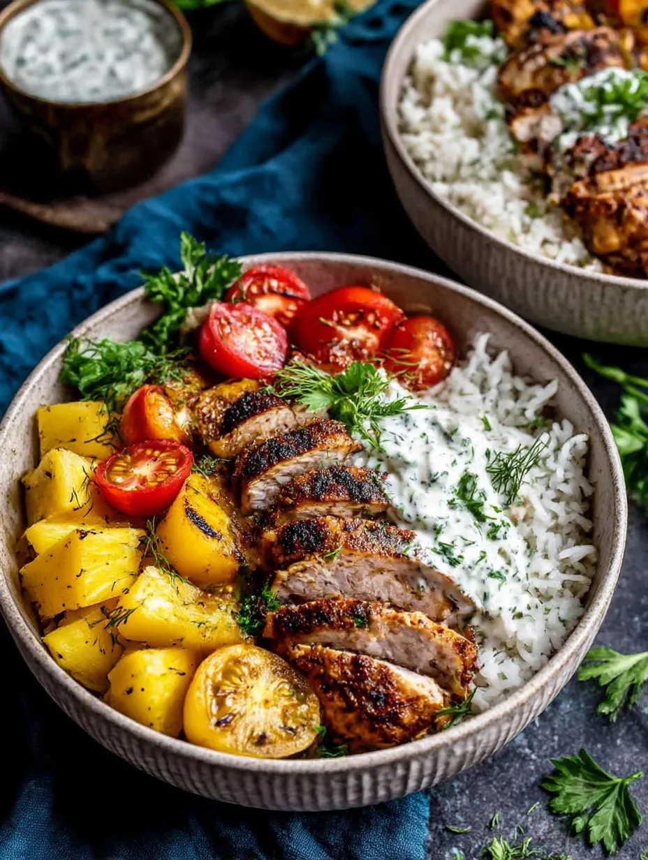 A bowl of food with rice, tomatoes, and chicken.