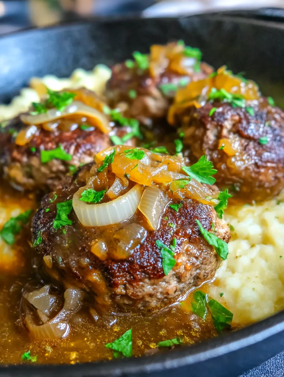 Hamburger steaks with onion gravy.