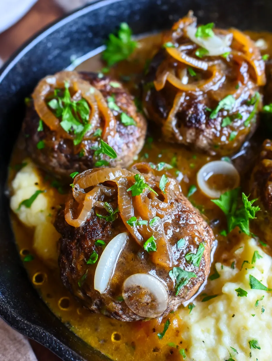 Hamburger steaks with onion gravy.
