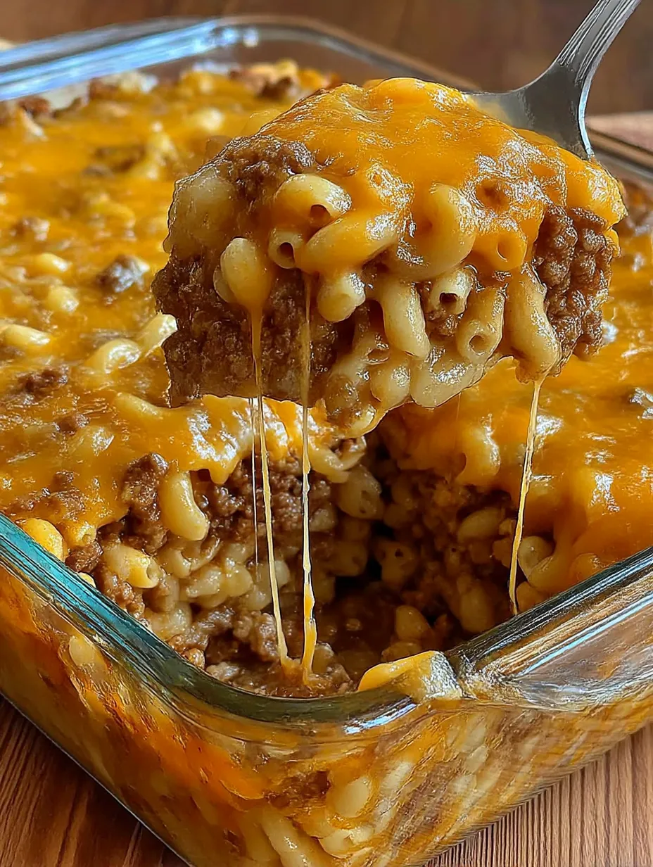 A close up of a cheesy hamburger casserole bake.