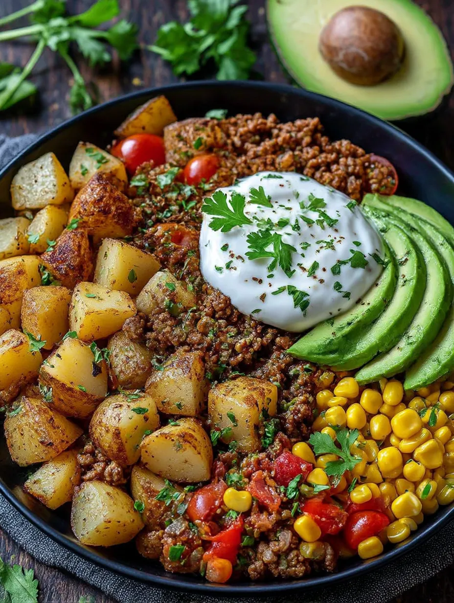 A bowl of ground beef and potatoes.