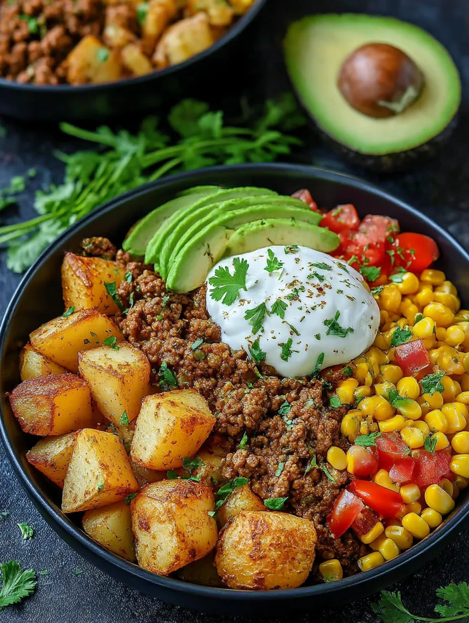 A bowl of ground beef and potatoes.