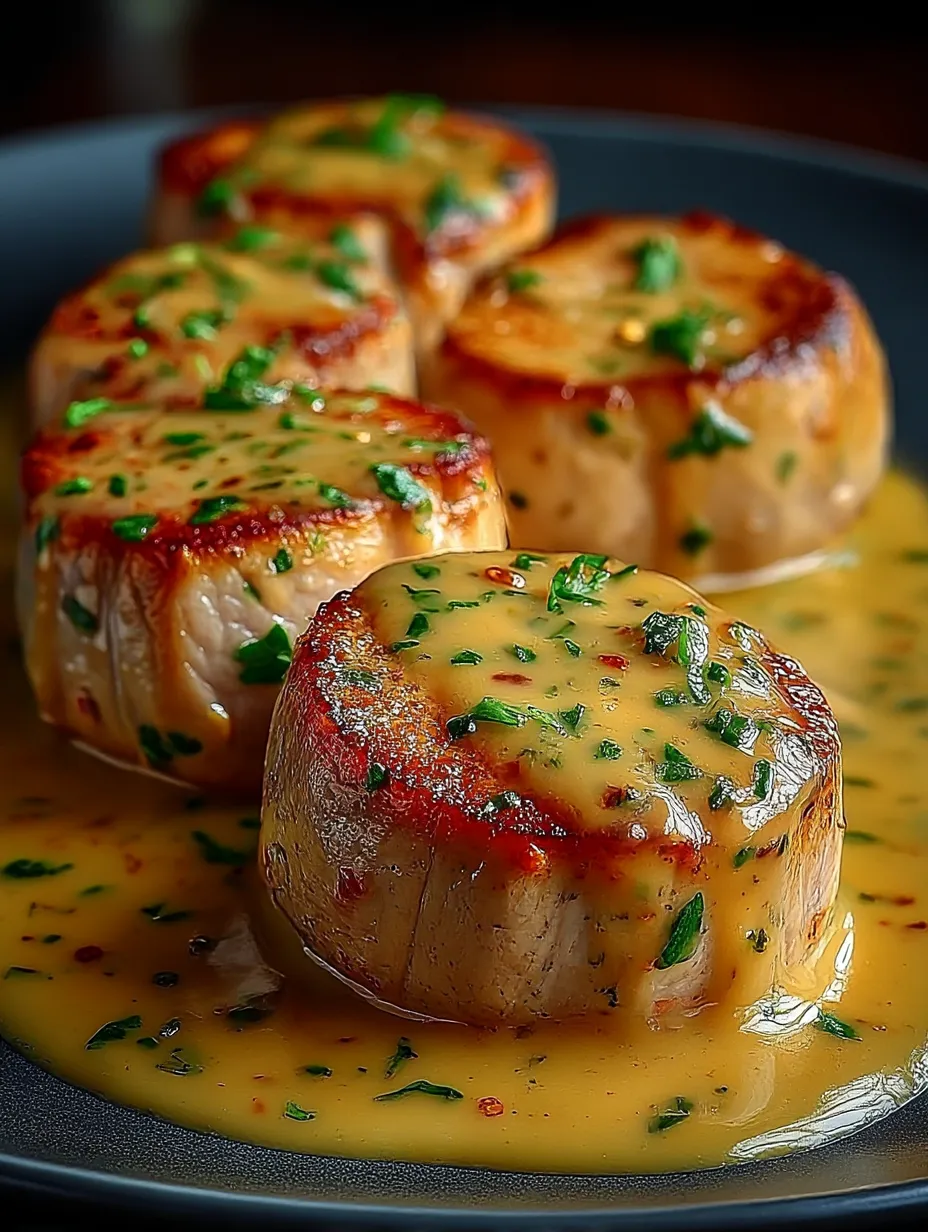 A plate of pork with a mustard cream sauce.