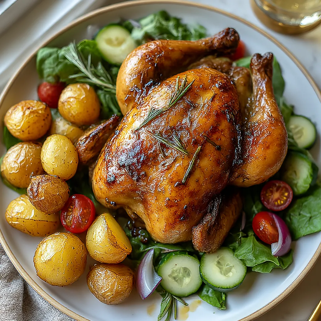 A plate of food with a chicken and vegetables.