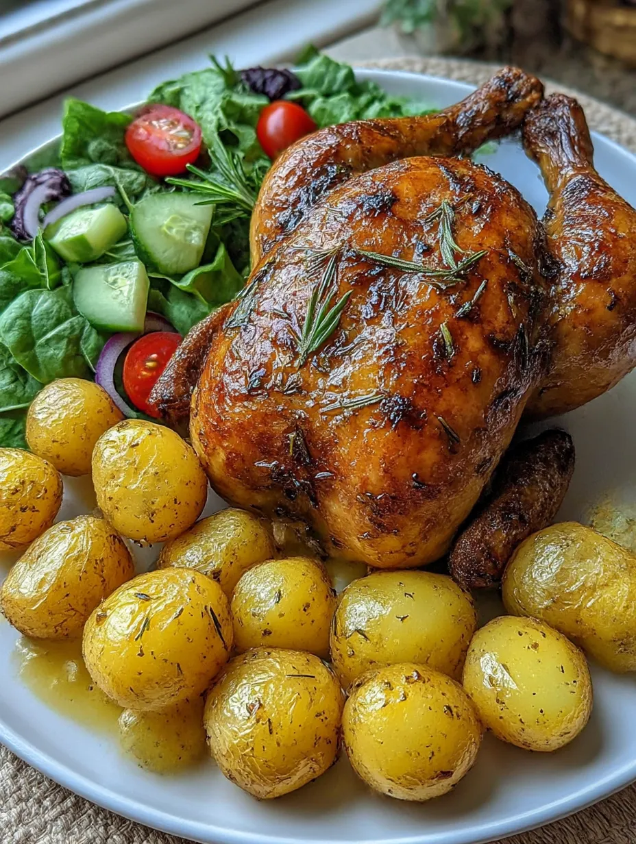 A plate of food with a chicken and potatoes.