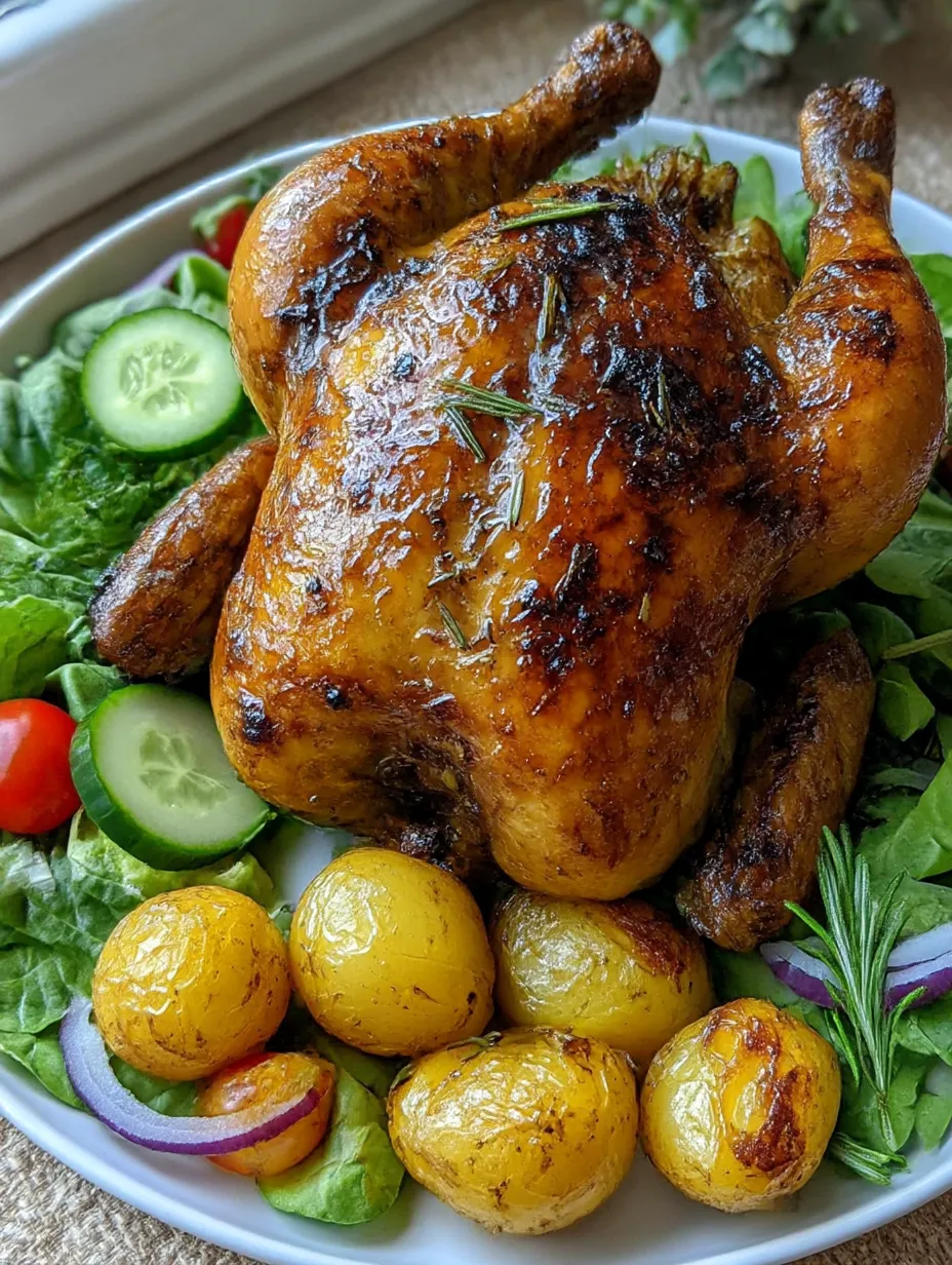 A plate of food with a chicken and vegetables.
