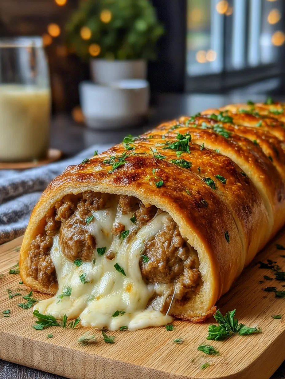 A cheese steak stromboli on a table.