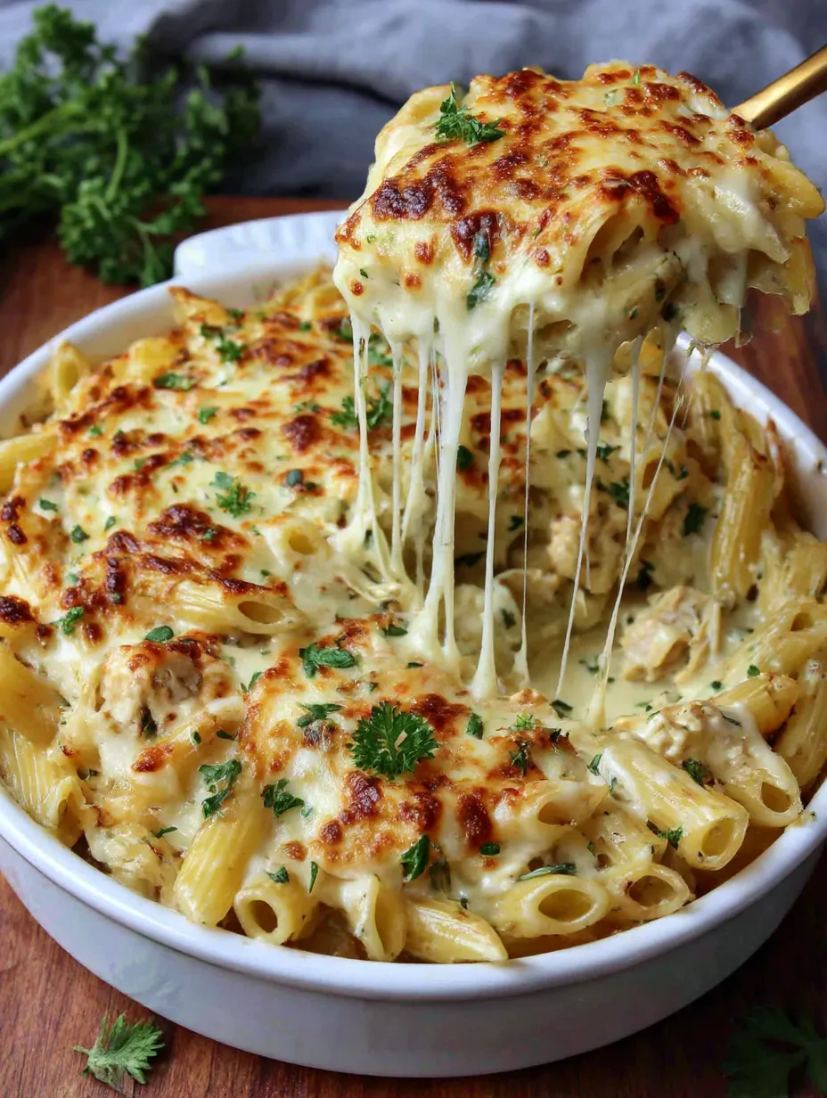 A bowl of chicken Alfredo baked ziti.