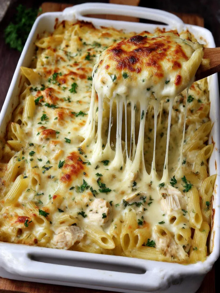 A close up of a baked ziti dish with cheese and chicken.