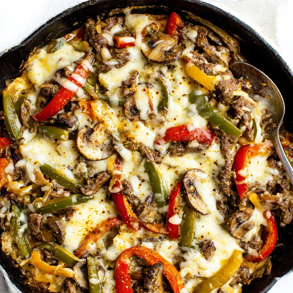A skillet filled with a zesty Philly cheesesteak.