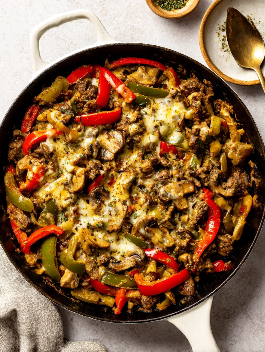 A skillet of food with peppers and mushrooms.