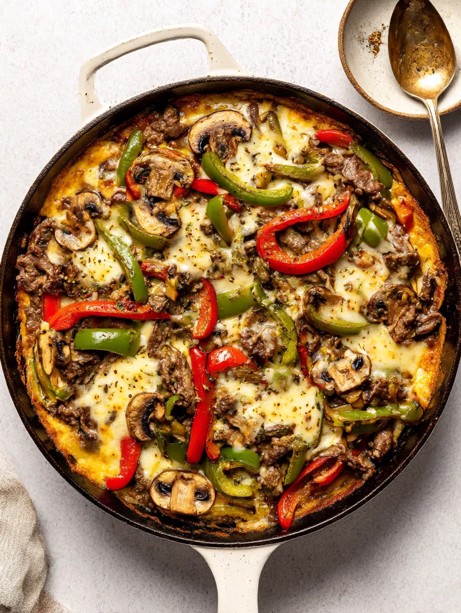 A close up of a delicious Philly Cheesesteak Skillet.