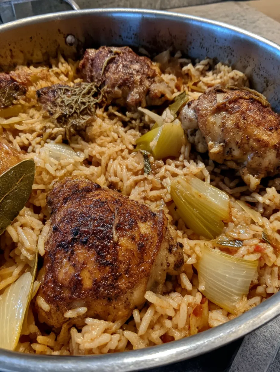 A dish of rice and chicken.