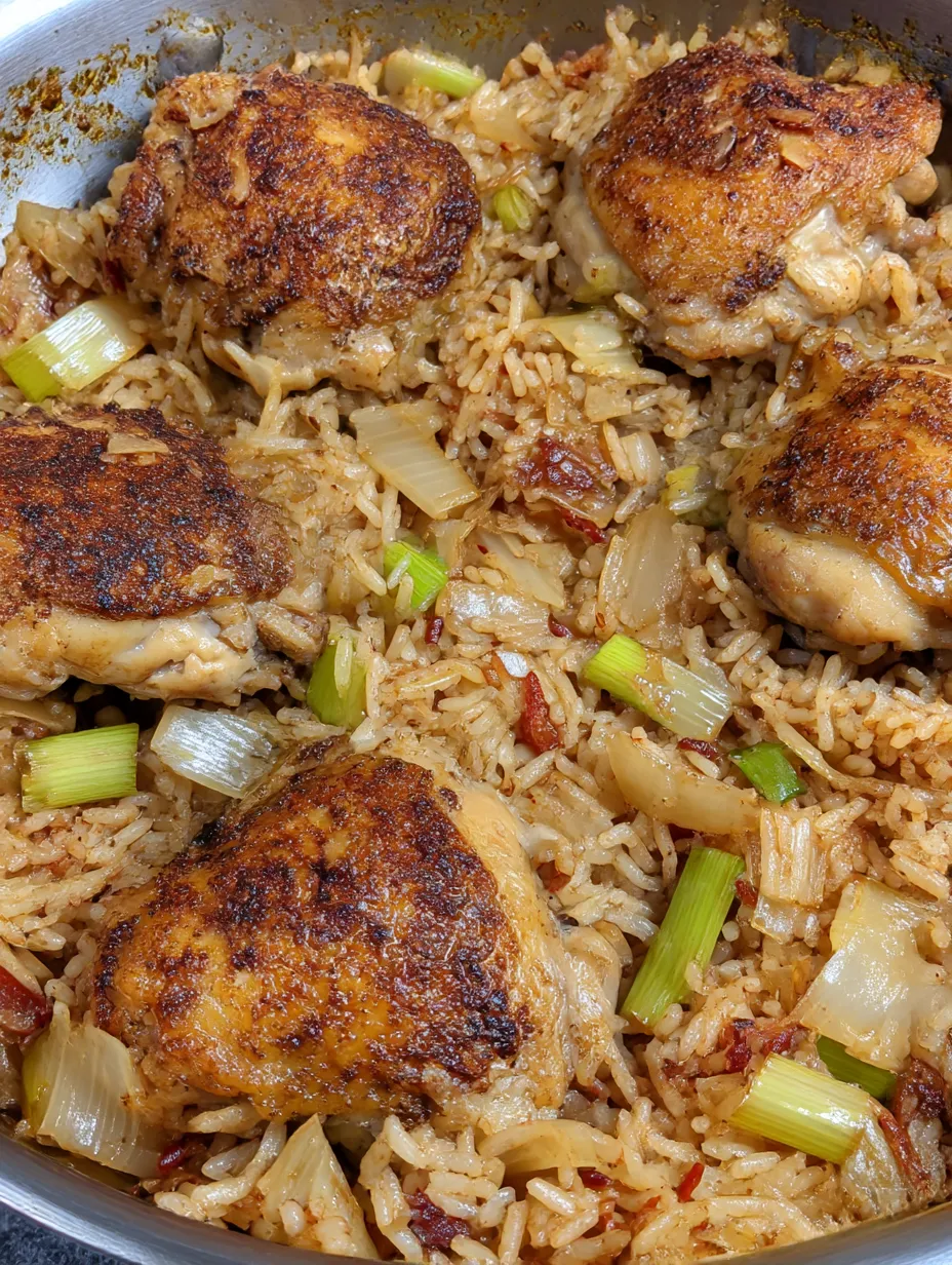 A dish of rice and chicken with onions and garlic.