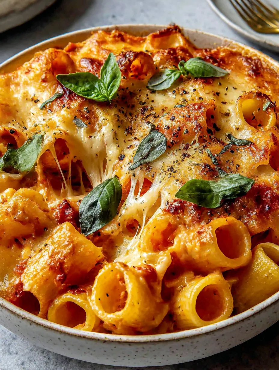 A dish of pasta with cheese and herbs.