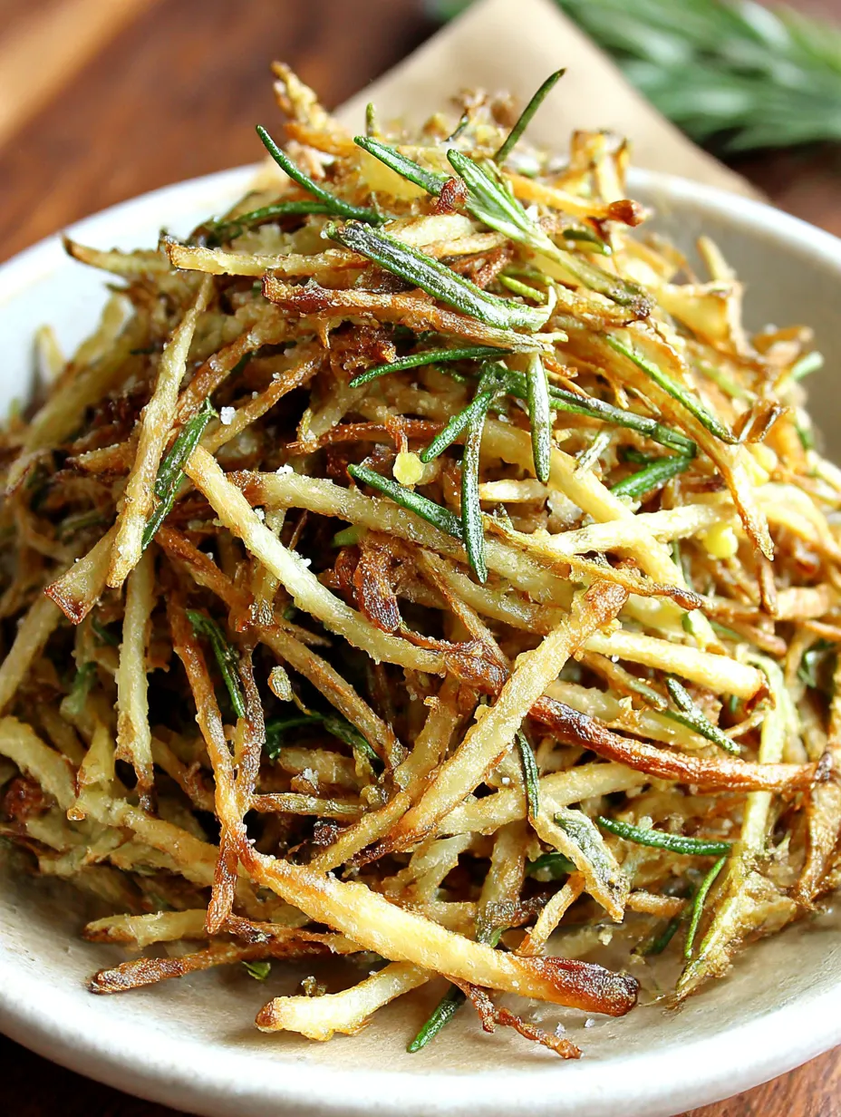 A bowl of fries with lemon salt and rosemary.