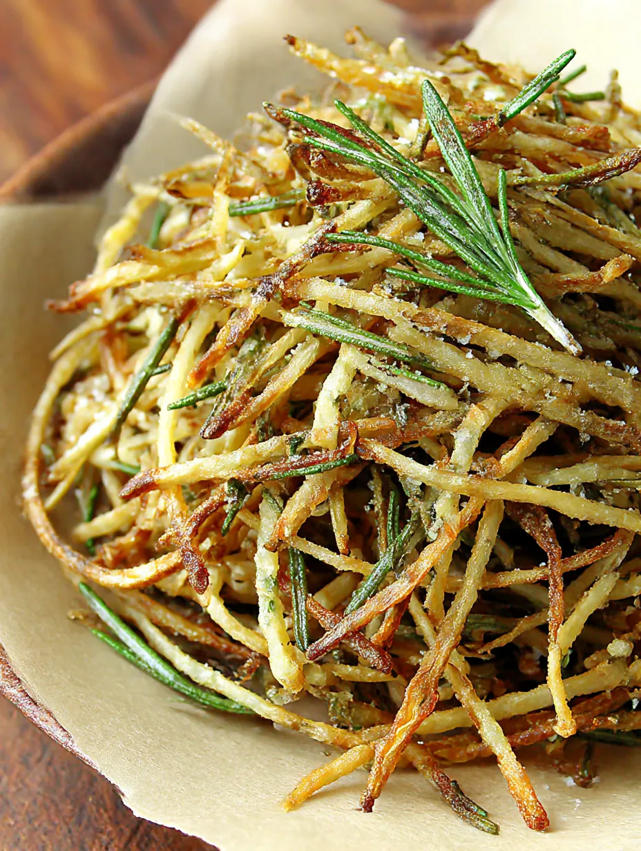 A plate of fries with lemon salt and rosemary.