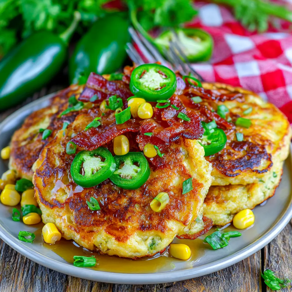 A plate of Jalapeno and Cheddar Corn Pancakes with Bacon.