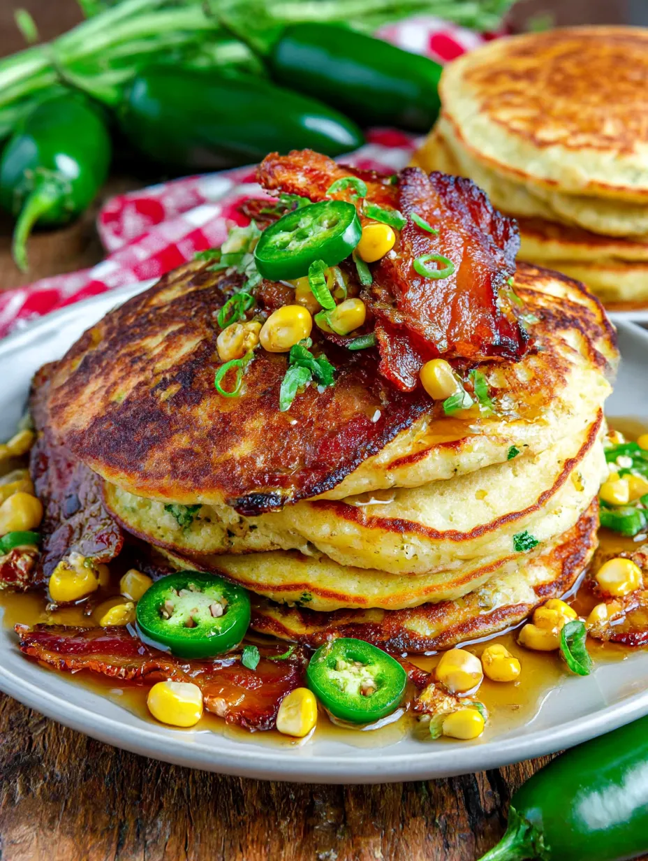 Jalapeno and cheddar corn pancakes with bacon.