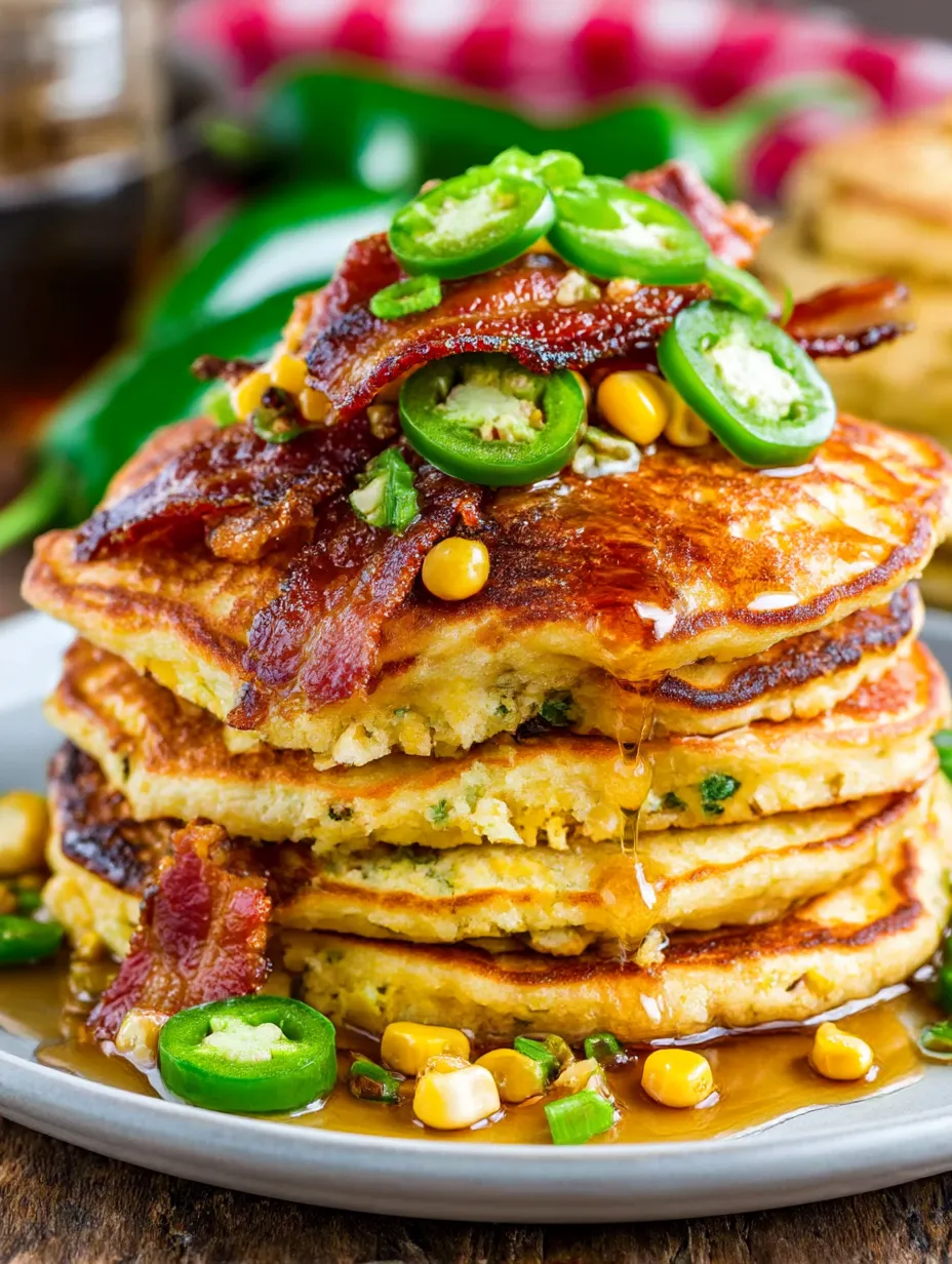 Jalapeno and cheddar corn pancakes with bacon.