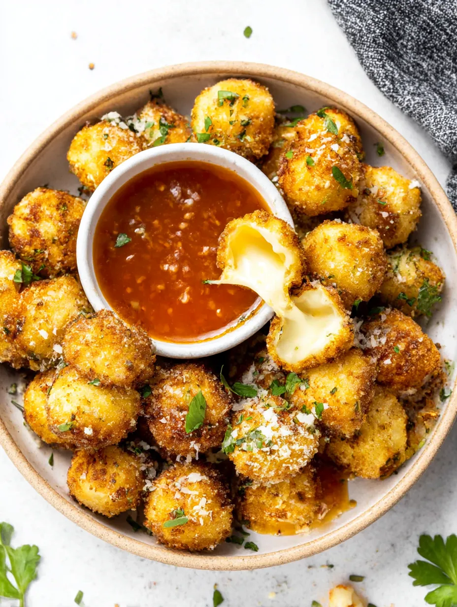 A bowl of cheese balls with a dipping sauce.