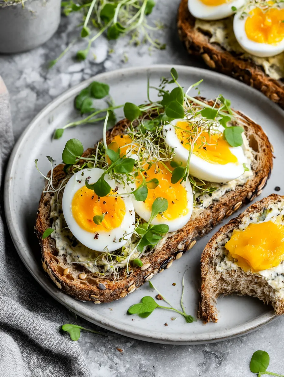 Toast with eggs on it.