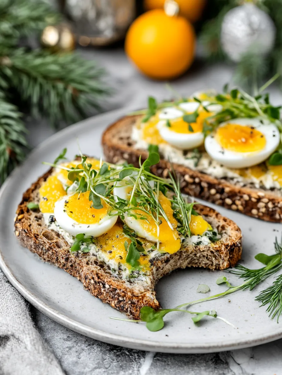 Toast with eggs and greens on top.