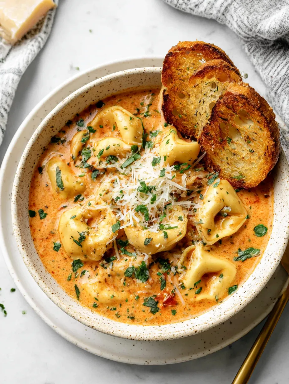 A bowl of tomato tortellini soup with bread.