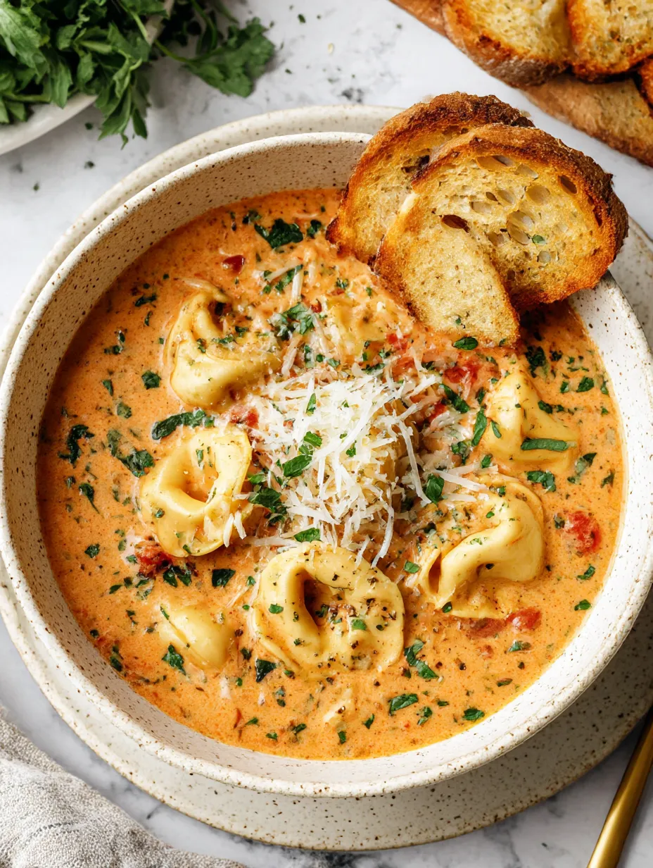 A bowl of tomato tortellini soup with a slice of bread on top.