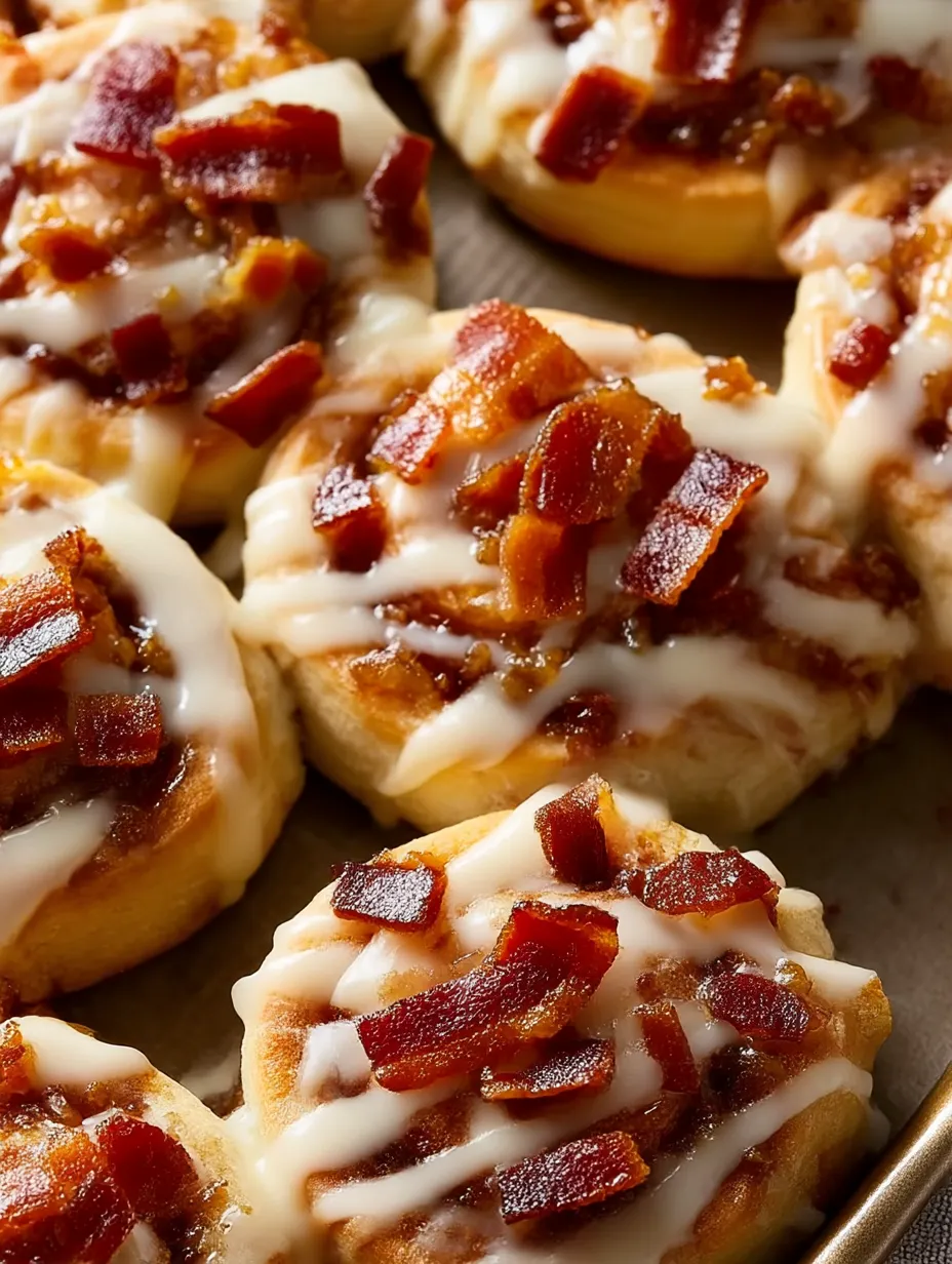 Bacon cinnamon rolls with white icing.