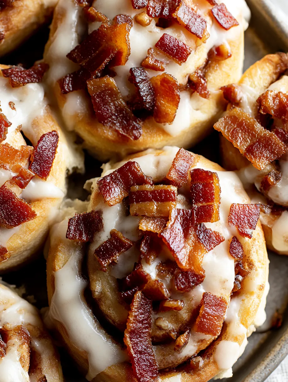A plate of bourbon maple bacon cinnamon rolls.
