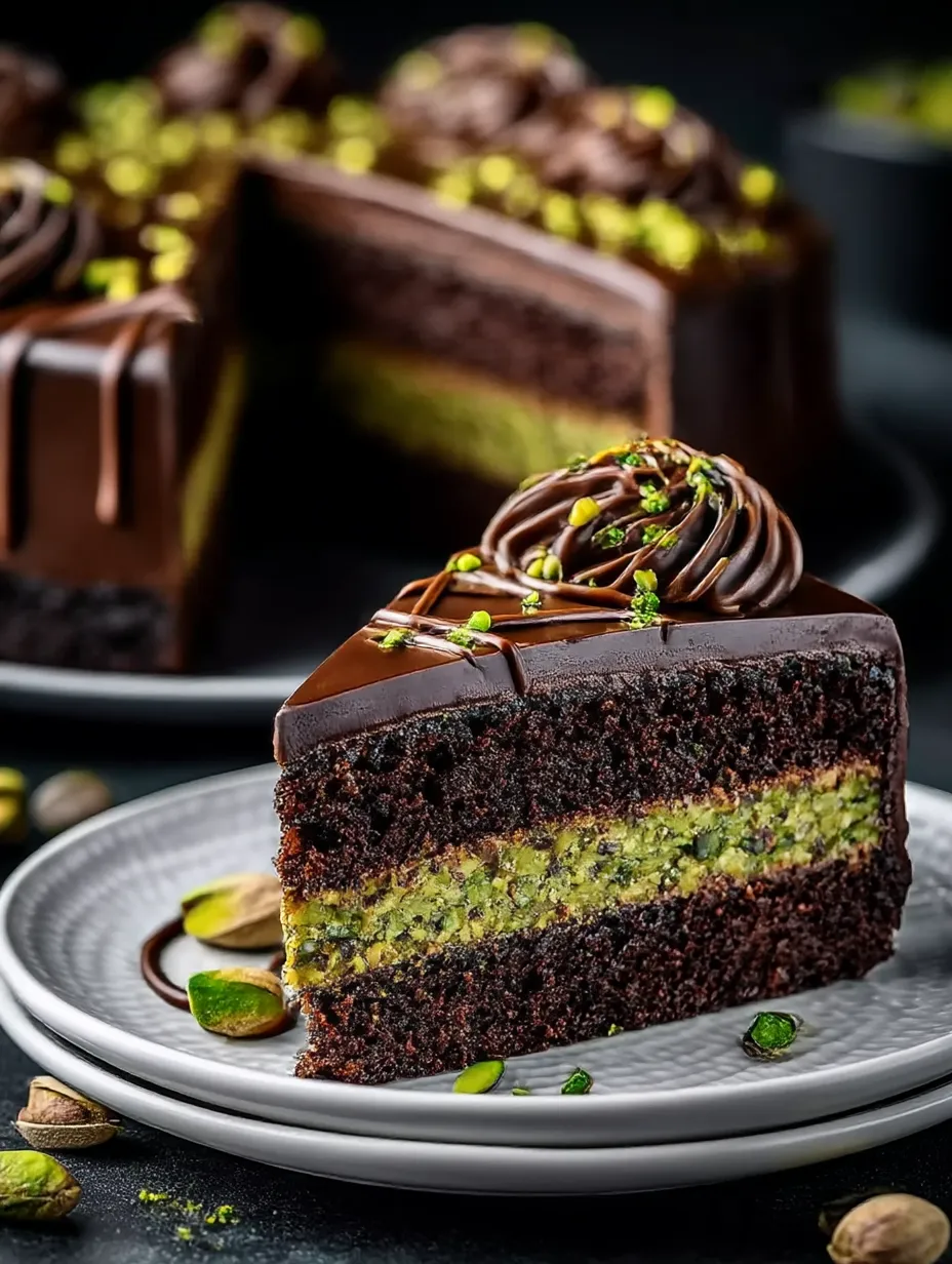 A slice of chocolate cake with a green topping.