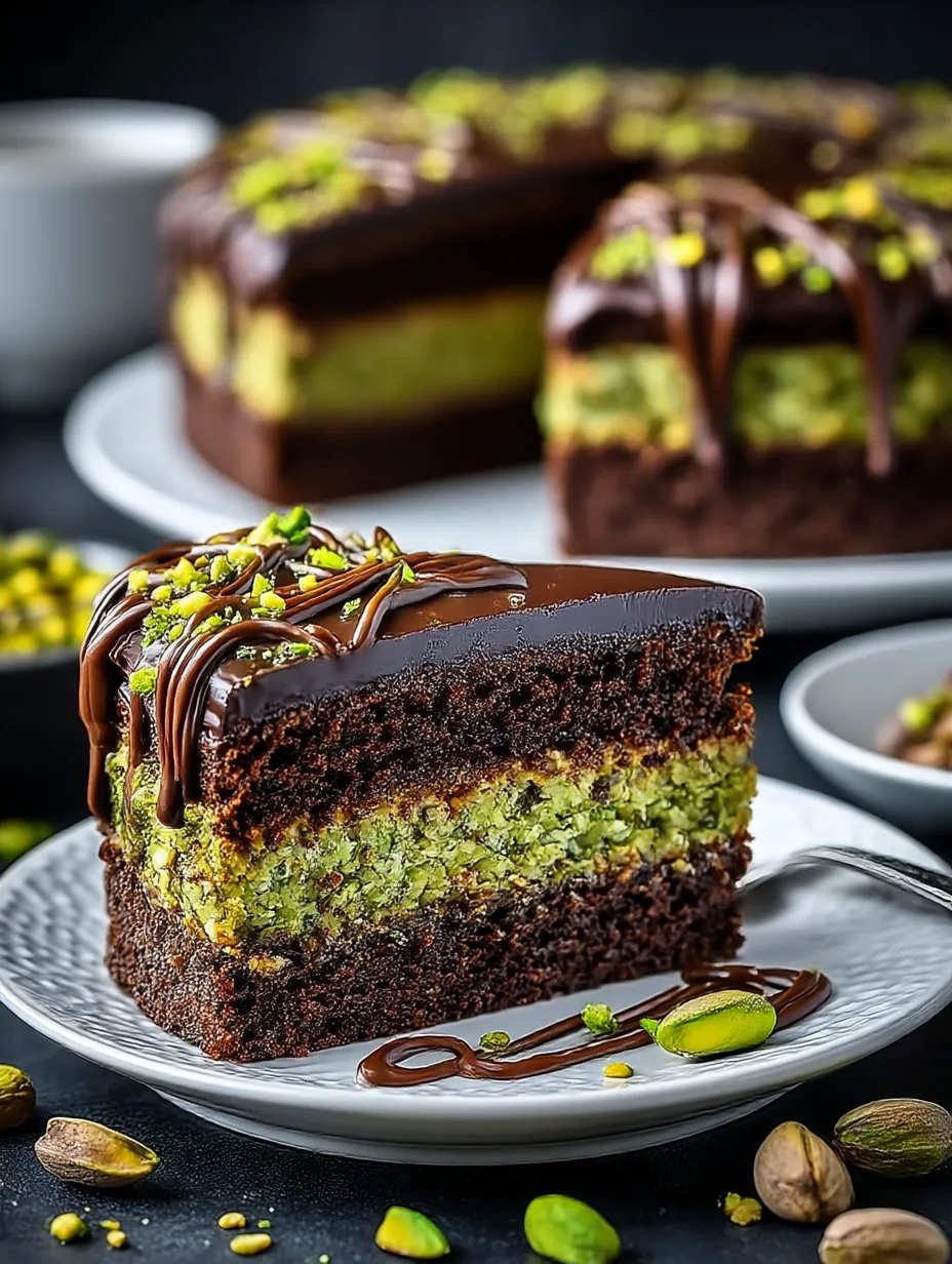 A slice of chocolate cake with a drizzle of chocolate sauce.