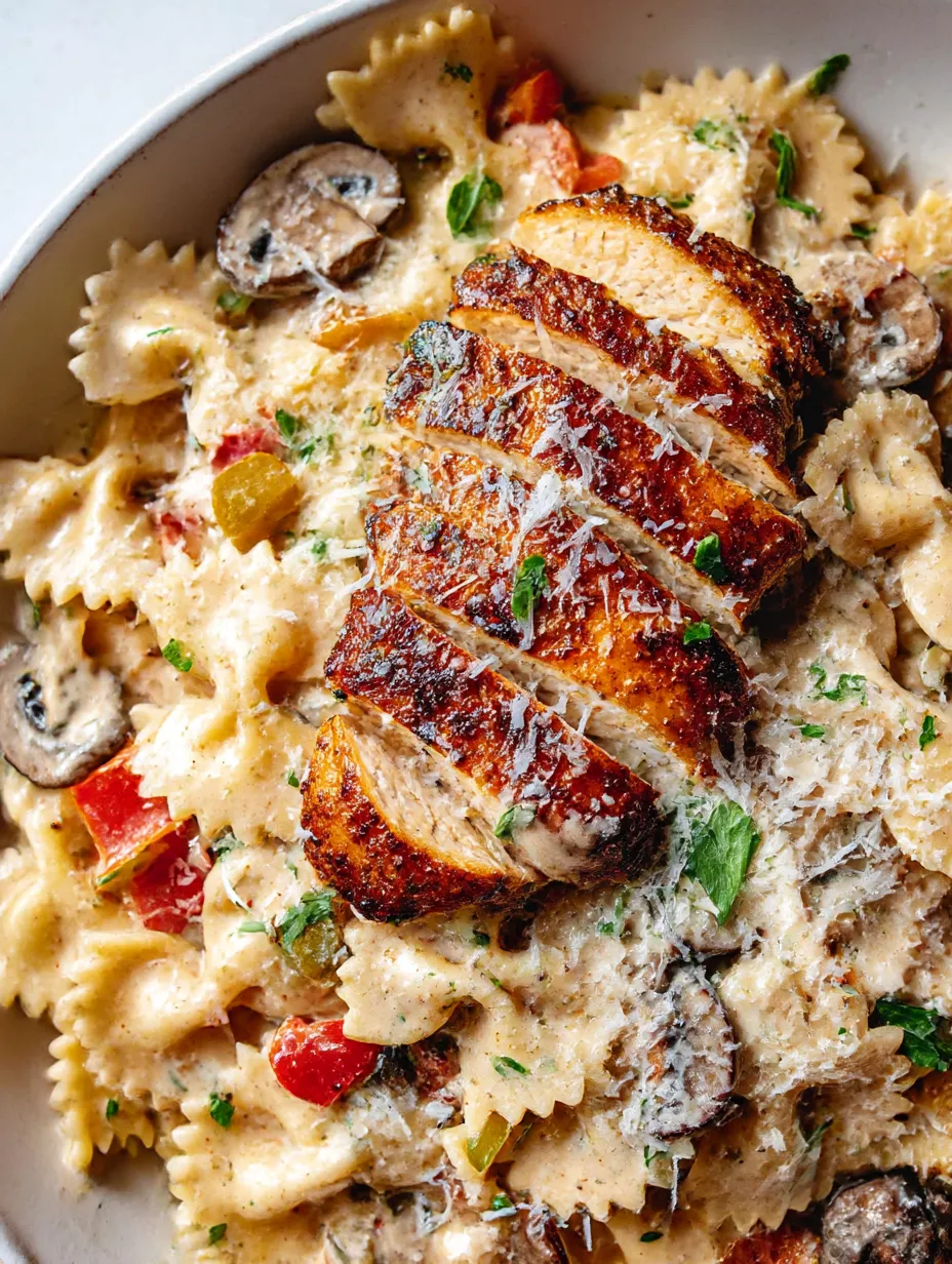 A dish of pasta with chicken and mushrooms.