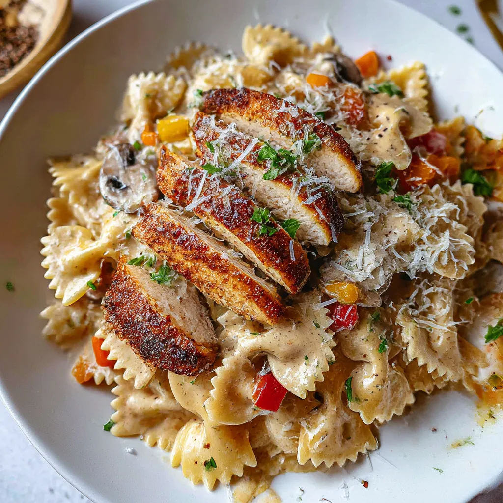 A plate of food with chicken and pasta.