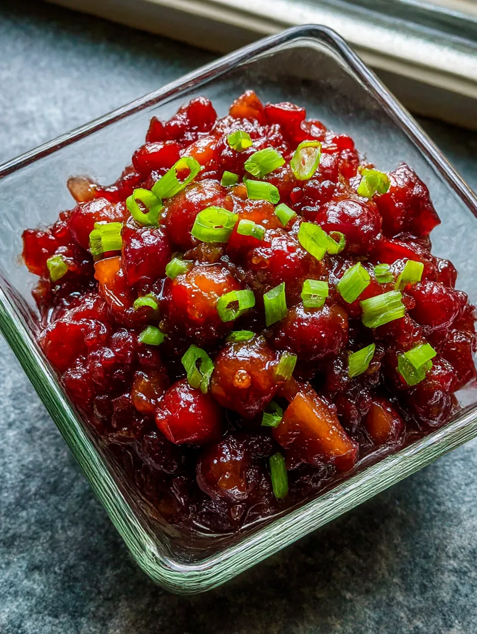 A glass bowl filled with cherry salsa.