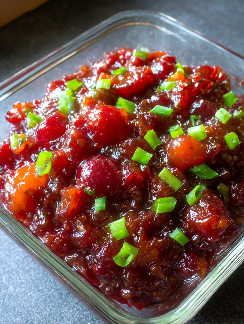 A glass bowl filled with a red sauce and green toppings.