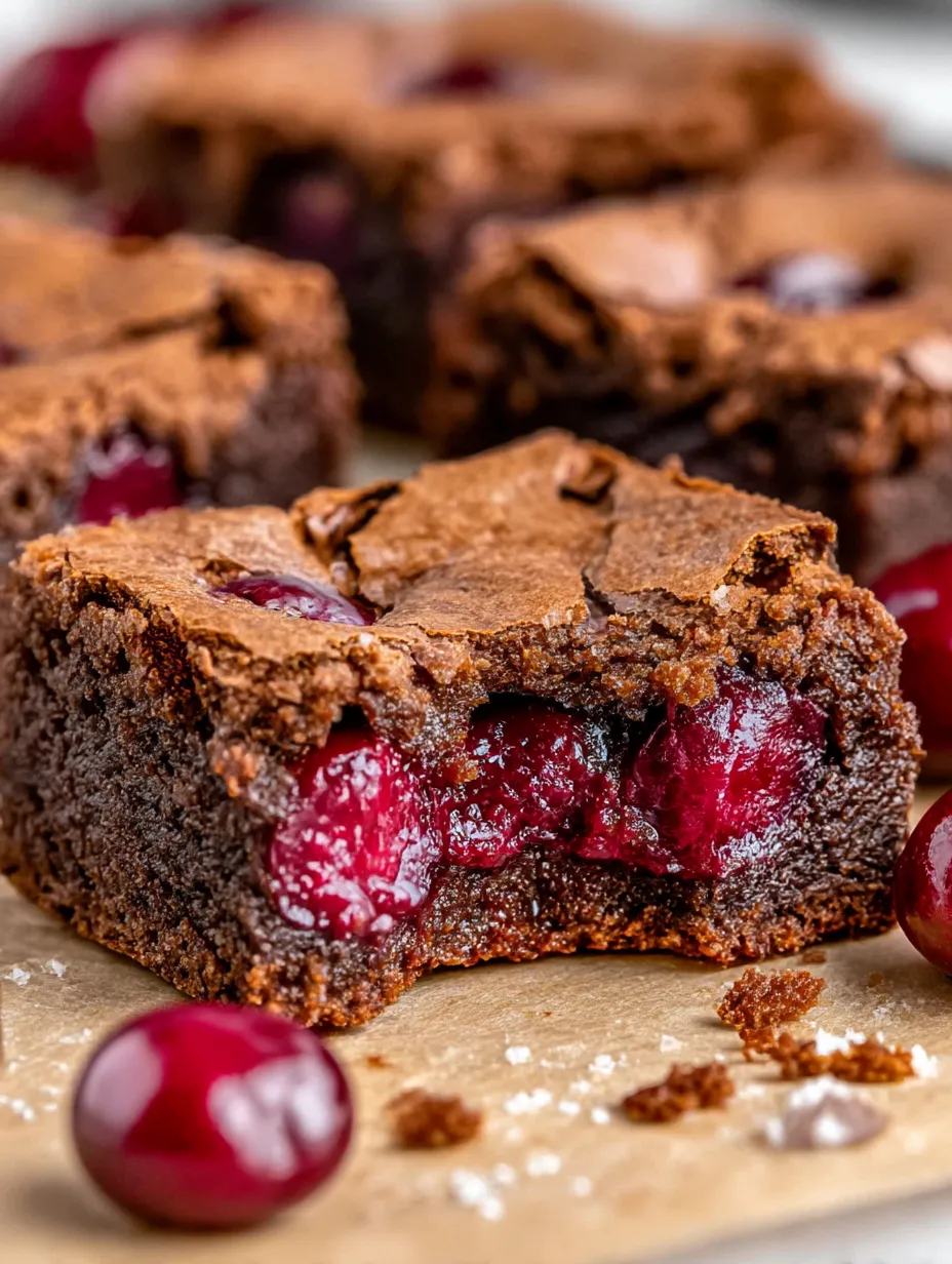 A close up of a chocolate brownie with cherries on top.