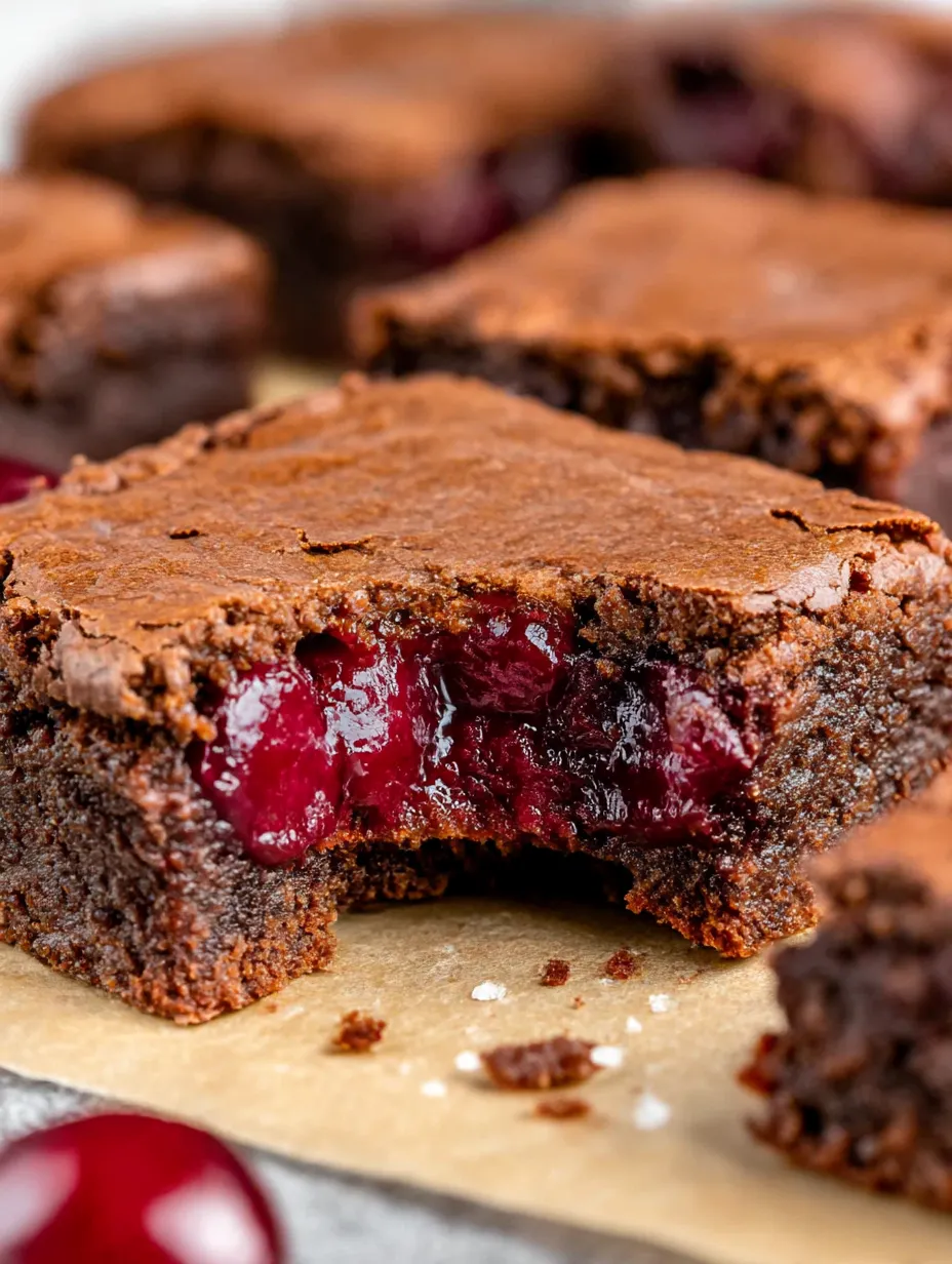 A slice of chocolate cake with cherries.