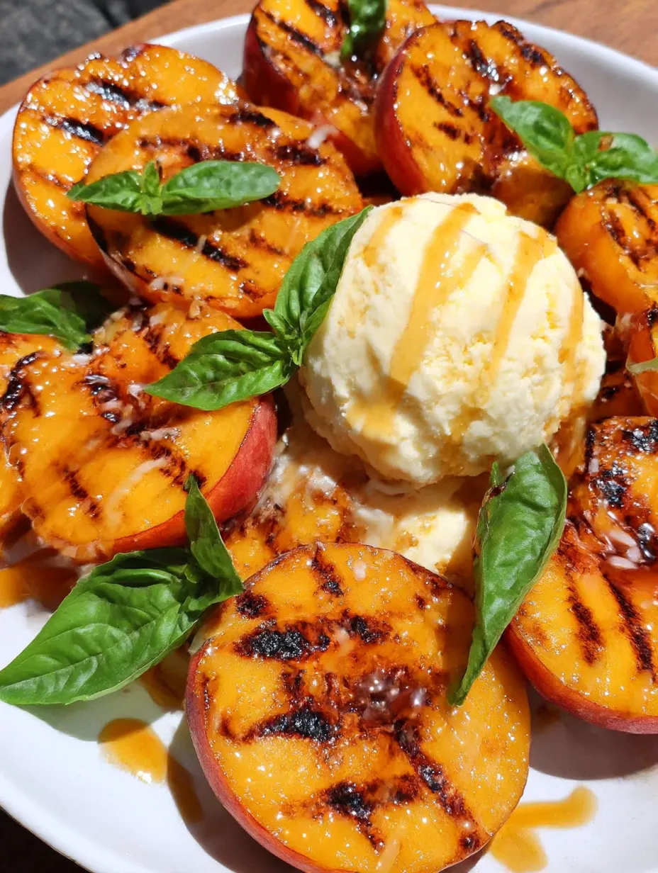 A plate of grilled peaches with ice cream.