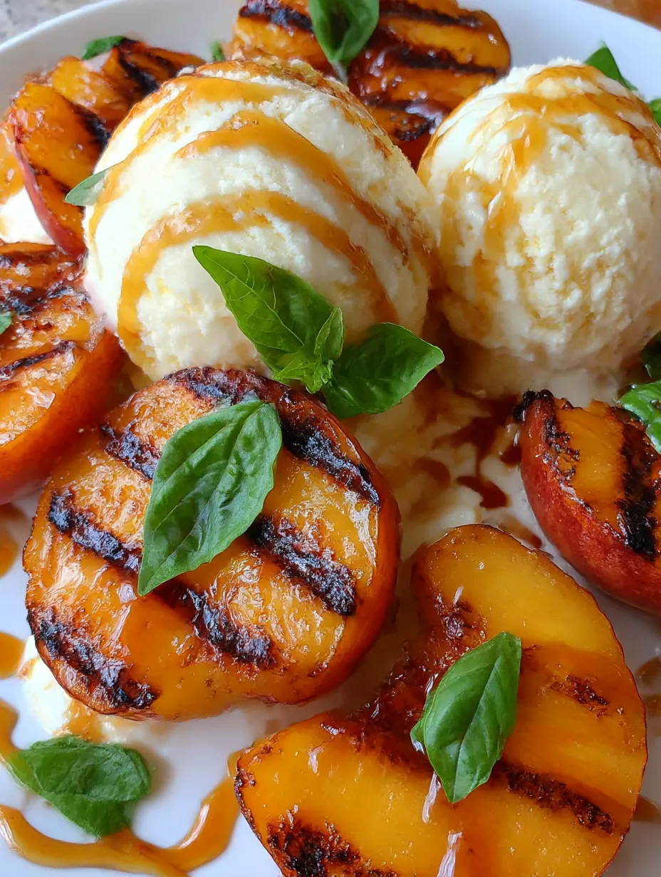 Grilled peaches with ice cream and mint.