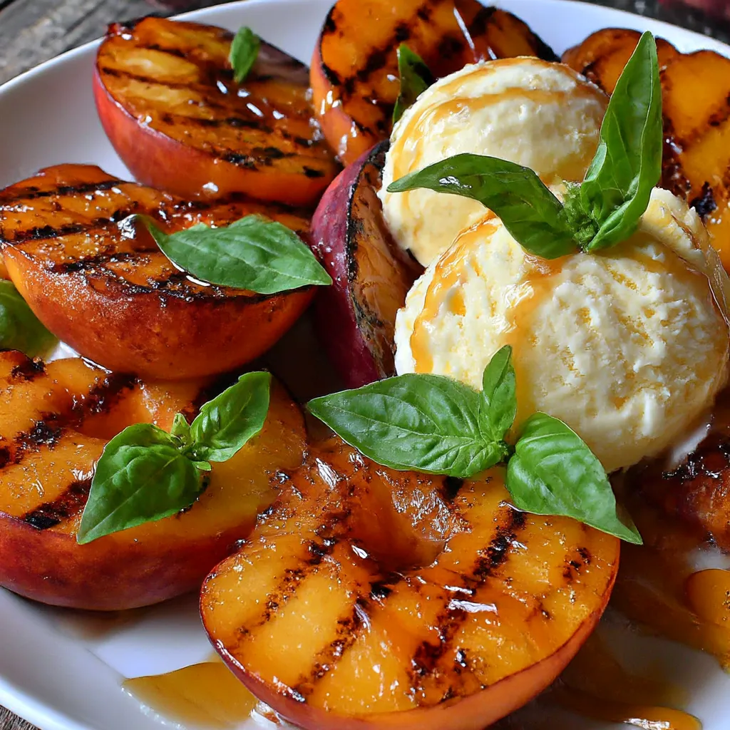 A plate of grilled peaches with ice cream on top.
