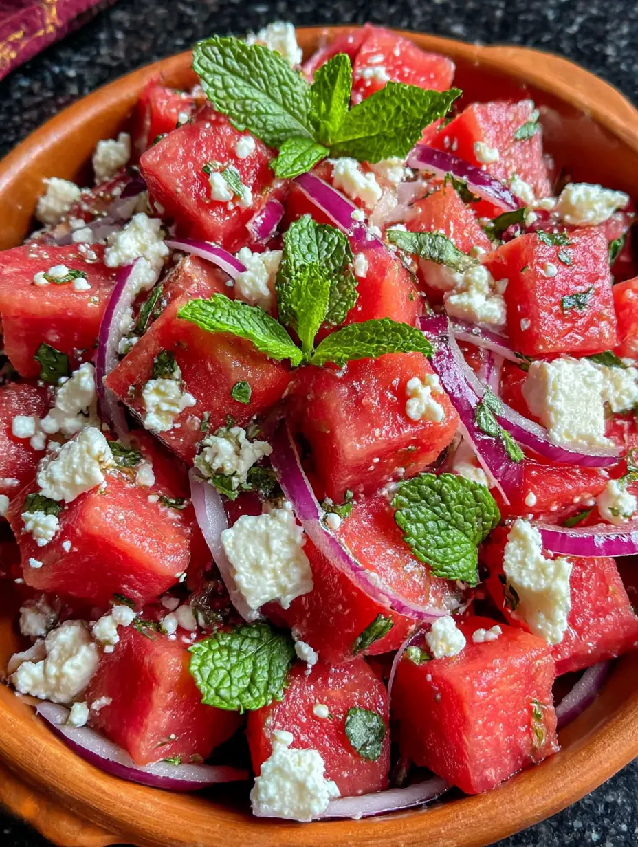 A bowl of watermelon with feta cheese and mint.