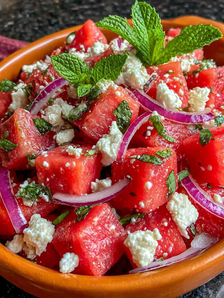 A bowl of watermelon with feta cheese and mint.