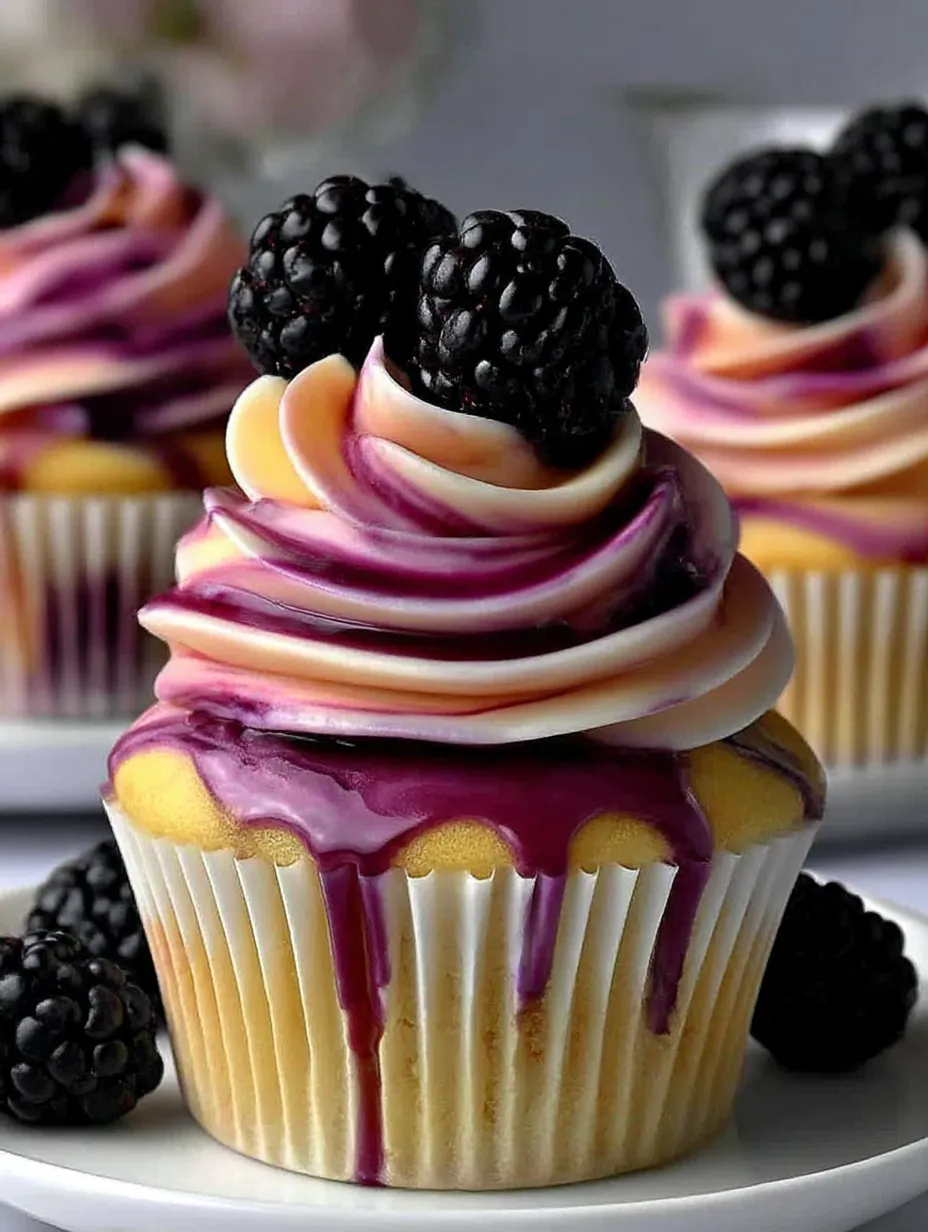 A cupcake with blackberries on top.