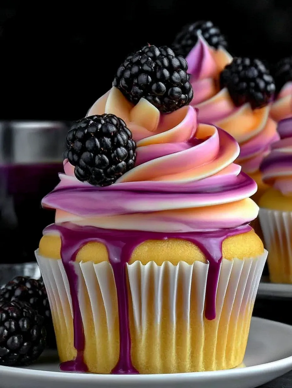 A cupcake with blackberry cheesecake frosting.