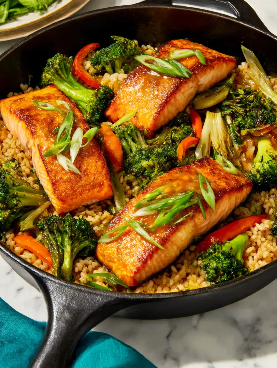 A skillet of salmon with broccoli and carrots.