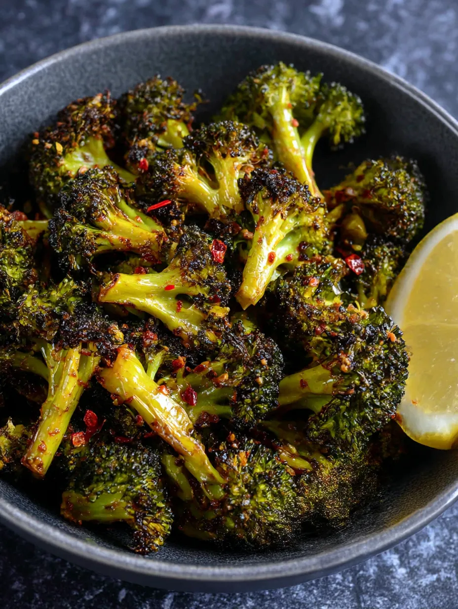 A bowl of roasted broccoli with a lemon wedge on top.