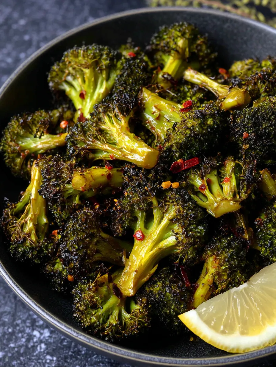 A bowl of roasted broccoli with a lemon wedge on top.